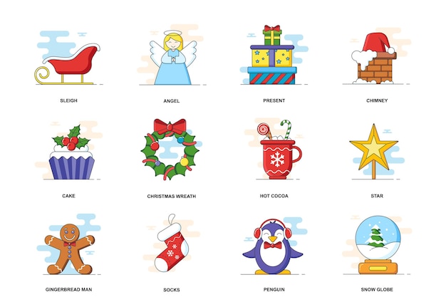 Christmas web concept stroke flat line icons isolated set Merry Xmas holiday