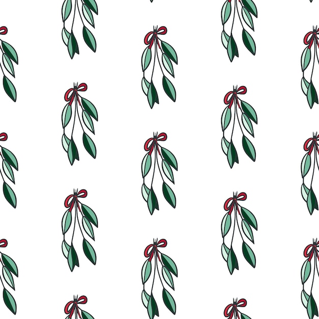 Christmas Winter Branches Mistletoe Leaves Doodle with Bow Sketch Hand drawn Seamless Pattern