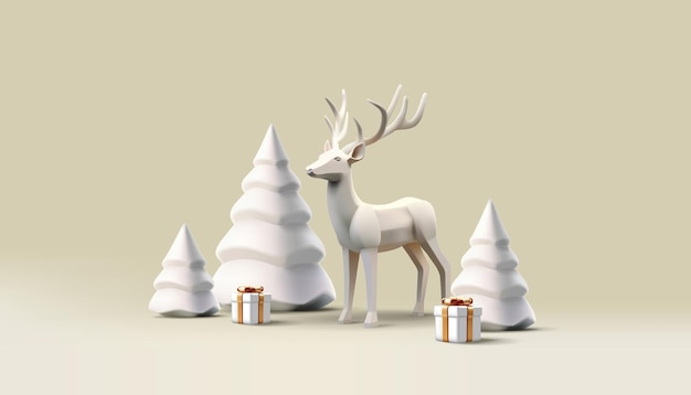 Christmas winter festive 3d composition Reindeer with Christmas tree and gift box white render statuettes realistic trendy postcard illustration snow white graphics