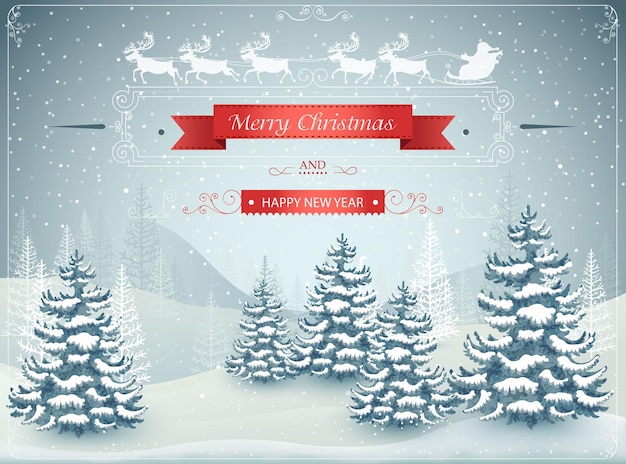 Christmas winter forest landscape vector illustration