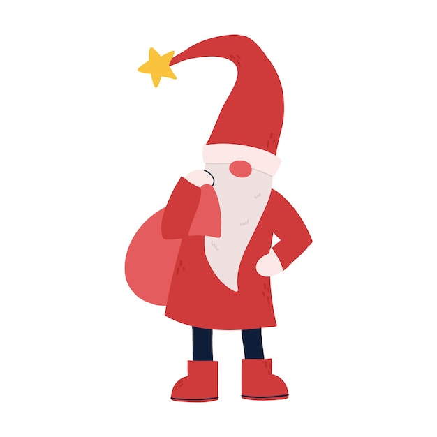 Christmas winter gnome pulls a bag with gifts. Santa Claus. helper santa. christmas illustration. vector colorful illustration isolated on white background.