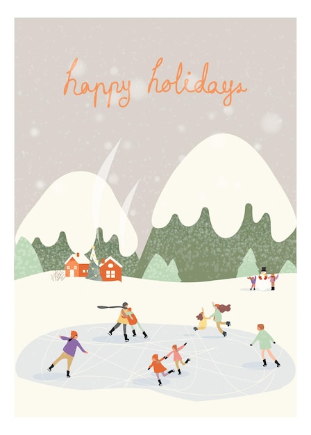 Christmas winter greeting postcardGreen color of winterPeople happy outdoor with skating and snowman