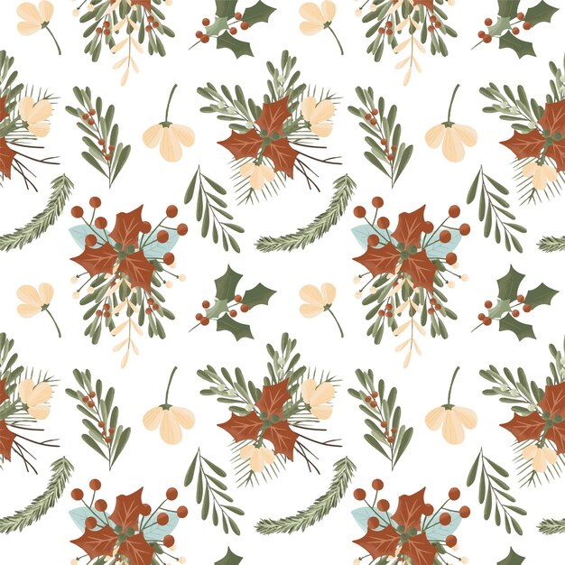 Vector christmas winter holly berries and leaves arrangements seamless pattern