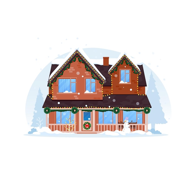 Vector christmas winter house exterior with snowy roof