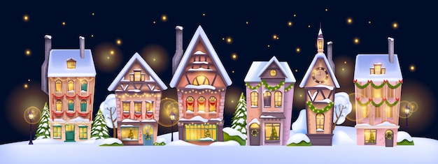 Christmas winter house landscape vector holiday xmas small town background decorated village view