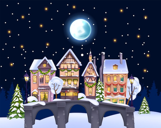 Christmas winter house landscape vector holiday xmas town background decorated vintage facade