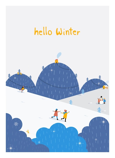 Christmas winter landscape postcard.Blue yellow color .minimal village with hut ,snowman and deer