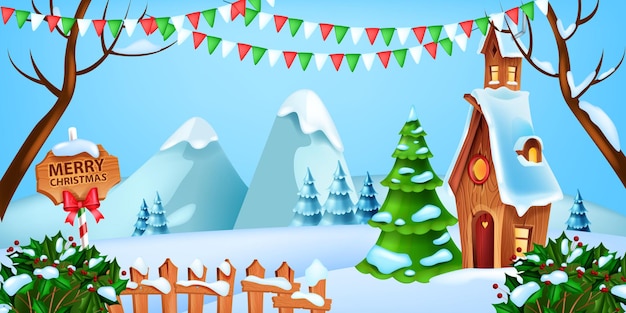 Christmas winter landscape vector holiday xmas snow background pine tree Santa Claus house flag