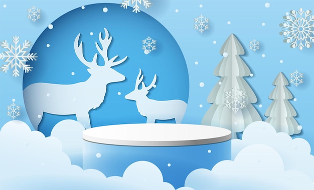 Christmas Winter landscape with product podium scene, reindeer and pine trees