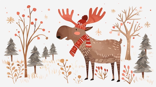 Christmas Winter Moose Hand Drawn Illustration