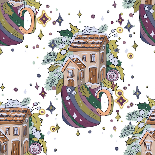 Christmas winter mug with twigs leaves and berries and candies fairy tale houses forest cozy