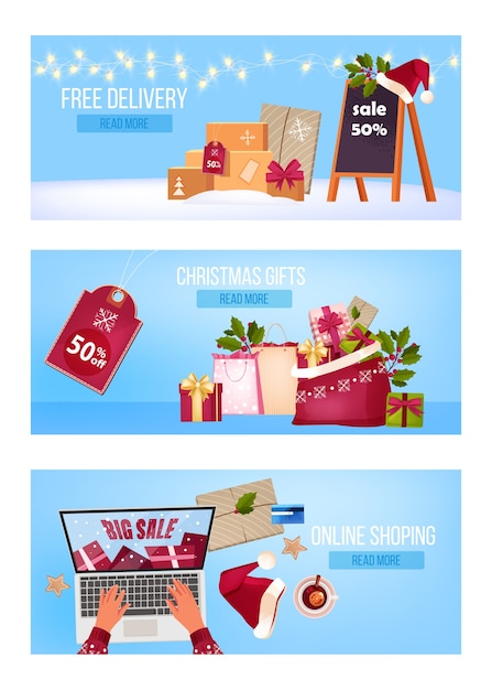 Christmas winter online shopping and delivery banner set with gift boxes, laptop, hands, Santa bag