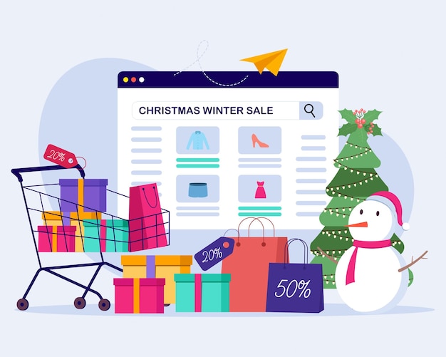 Christmas Winter sale banner design with white snowmen, Christmas tree, gifts, offers tags.