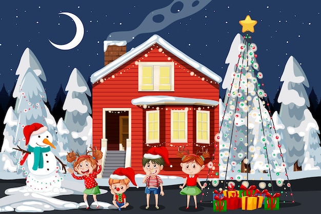 Christmas winter scene with happy children