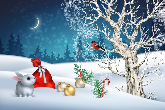 Christmas winter scene with a tree, snow-covered hills, red bag, bird and cute rabbit