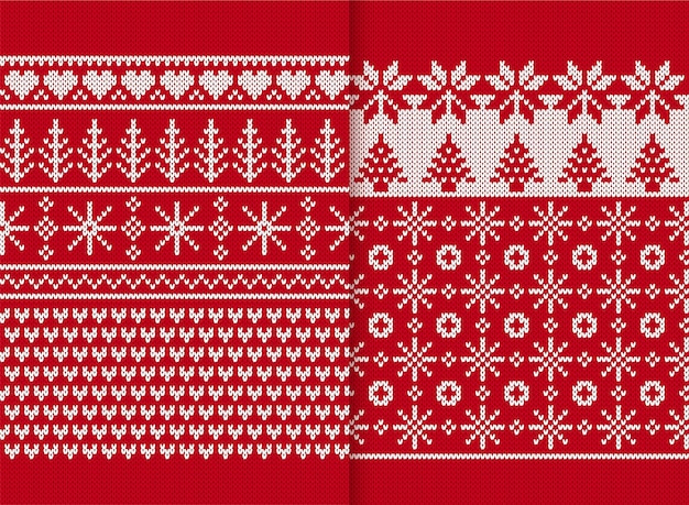 Christmas winter seamless pattern Knitted print with trees snowflakes hearts Red sweater background Xmas knit texture