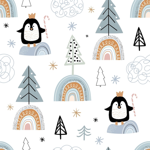 Christmas winter seamless patterns set for kids with cute penguins seasonal design for fabric wall