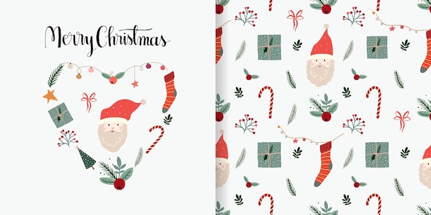 Christmas winter set with seamless pattern and greeting card, cute seasonal elements,background,