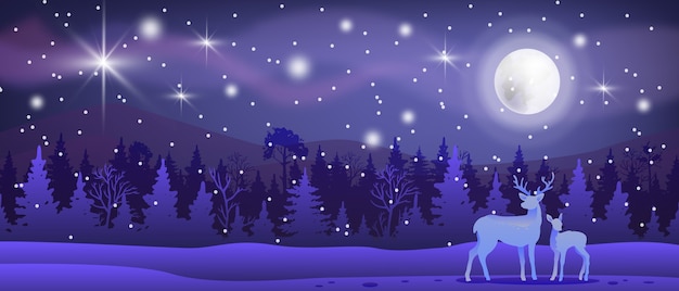 Christmas winter vector north landscape with snow, forest, reindeers, moon, night sky, stars