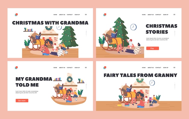 Christmas with Grandma Landing Page Template Set Children Listen Granny Sitting on Chair Read Book to Girls and Boys