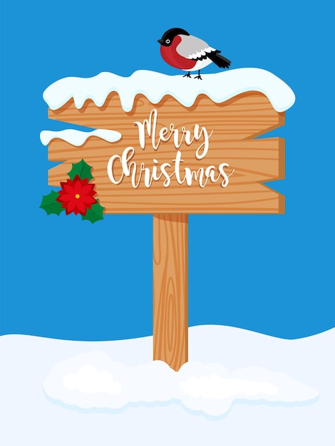 christmas wood board sign with snow flower and bullfinch