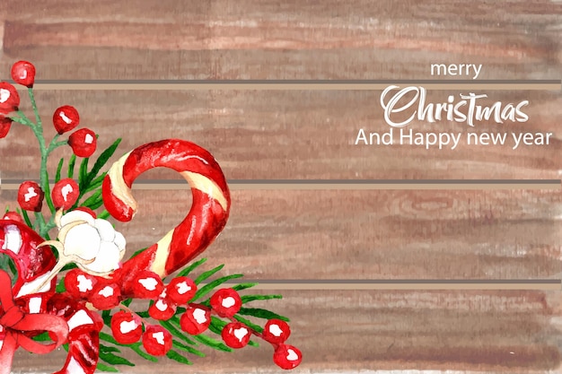 Christmas wooden background with watercolor candy cane cherry bow fir branch.