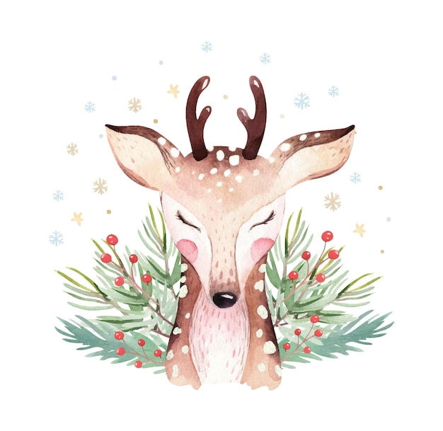 Christmas Woodland Cute forest cartoon deer character. New year card