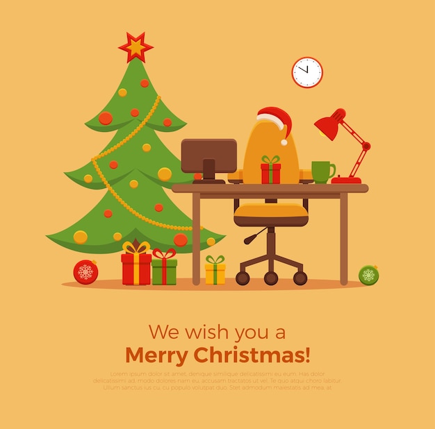 Christmas workplace interior flat style illustration