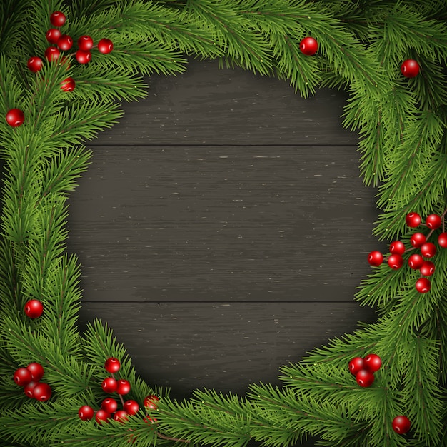 Christmas Wreath on Dark Wooden . For Greeting Card, Poster and Banner