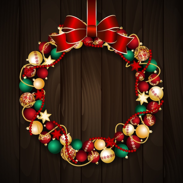 Christmas wreath decoration from red and gold Christmas Balls with red bow knot.