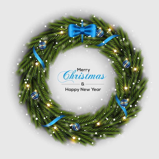 Christmas  Wreath Decoration  Green Pine Leaf With Blue Ribbon