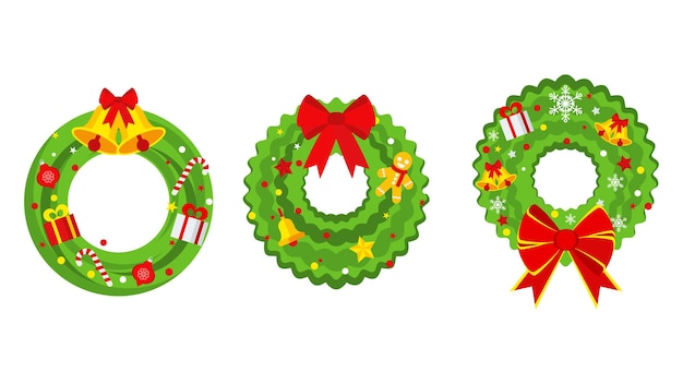 Christmas wreath on the door. Branches of a conifer, Christmas tree or cedar are woven into green ring. Decorated with bow, stars, bells, snowflakes and gifts. Traditional element for greeting cards.