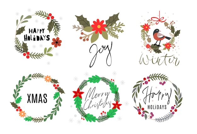 Christmas wreath vector set. Happy holidays greeting template.