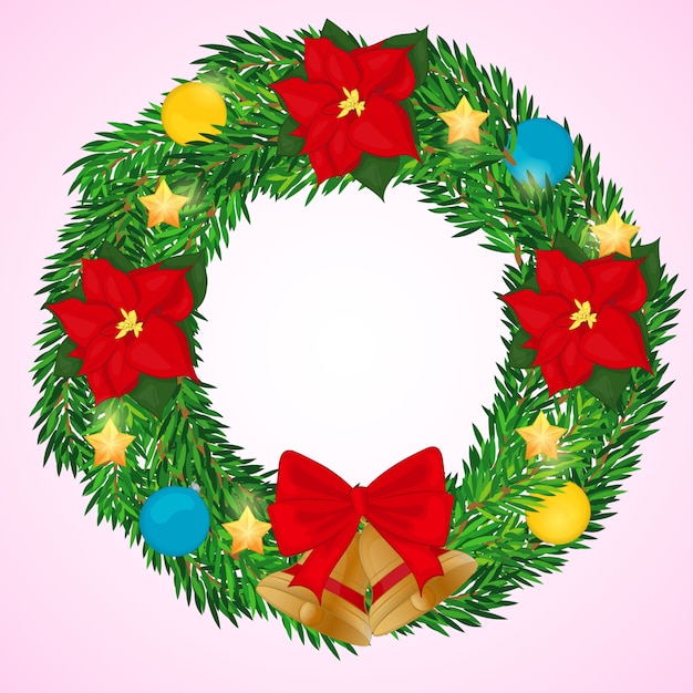 Christmas Wreath with bells, poinsettia, and balls in cartoon style. Vector illustration.