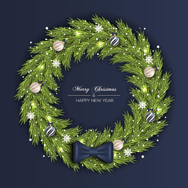 Christmas Wreath With Christmas Pine Branch And Christmas Lighting