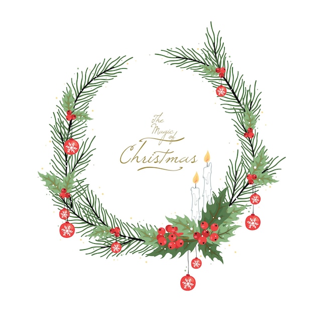 Christmas wreath with flower Decorated wreath of pine branches realistic look with berries star