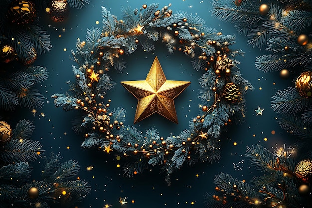 Vector christmas wreath with a gold star on the top