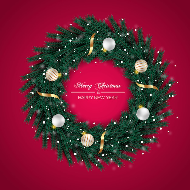 Christmas Wreath With Green  Pine Branch And Golden Christmas Ball