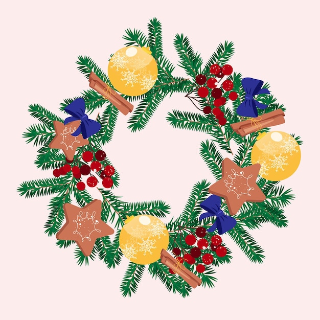 Christmas wreath with hand drawn red ballscookies cinnamon and bows