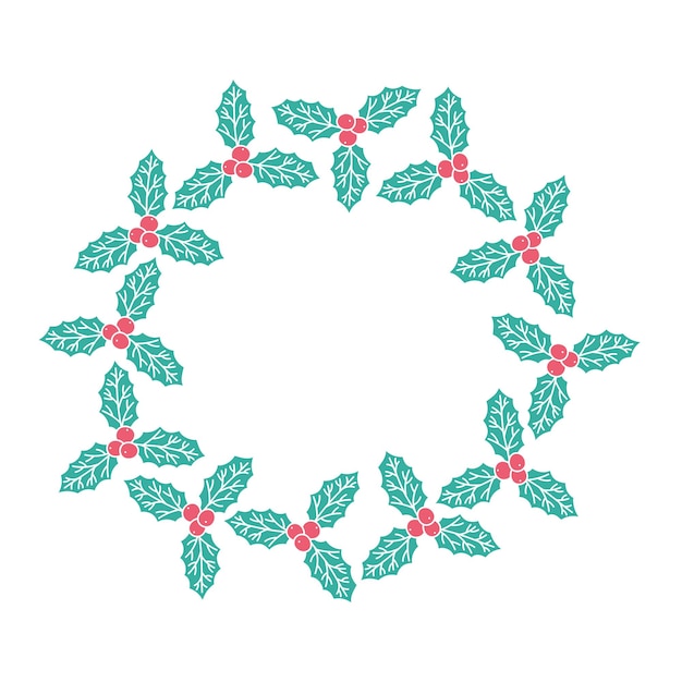 Christmas wreath with holly leaves and berries Vector illustration of ilex leaf round frame Christmas border isolated on white background Cute winter doodles