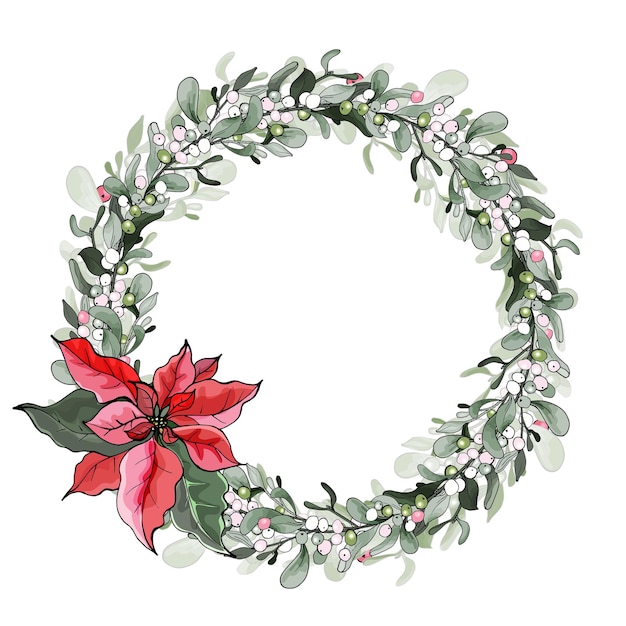 Christmas wreath with mistletoe branches and pink poinsettia.