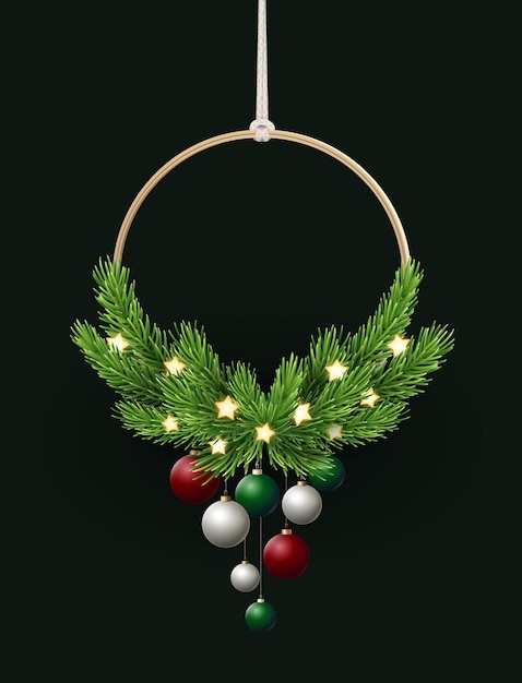 Christmas wreath with pine branches and glowing stars Round vertical vector template