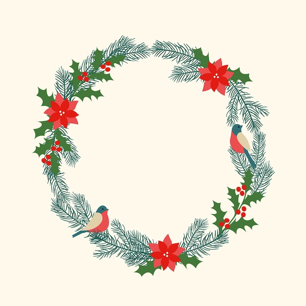 Christmas wreath with poinsettia and bullfinches