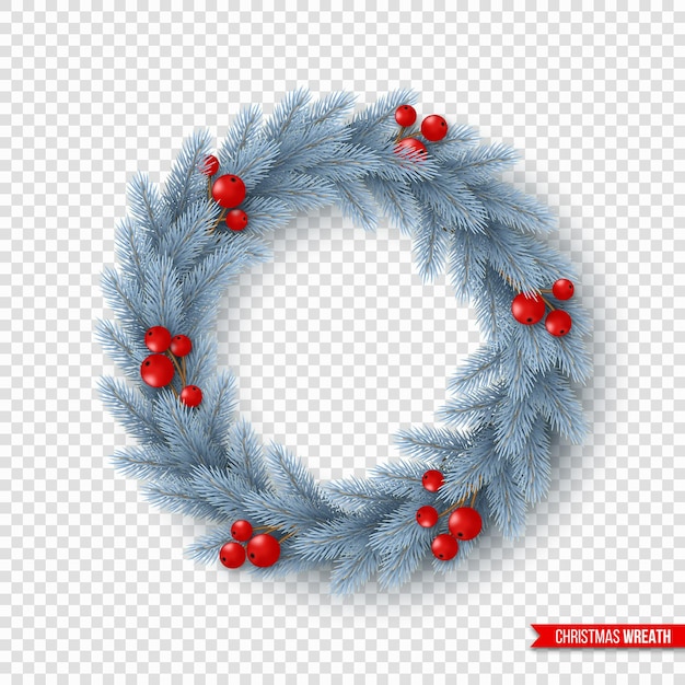 Christmas wreath with realistic fir-tree branches and berries. Decorative design element for holiday posters, flyers, banners. Isolated on transparent background, vector illustration.