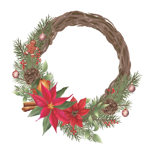 Christmas wreath with watercolor twig frames