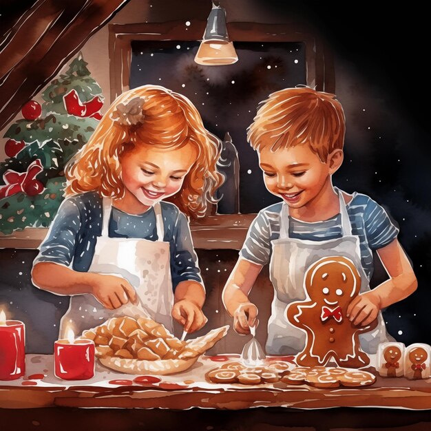 Christmass children baking cookies watercolor paint