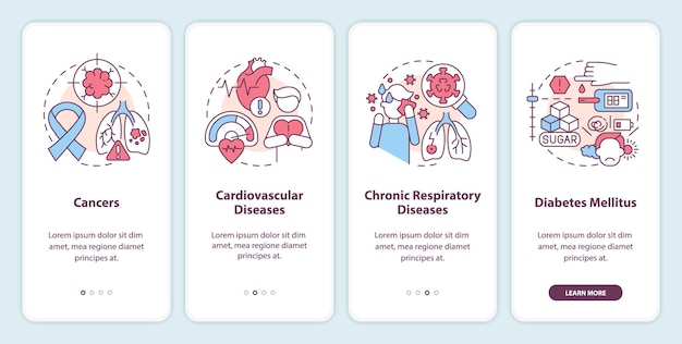 Vector chronic diseases major groups onboarding mobile app screen