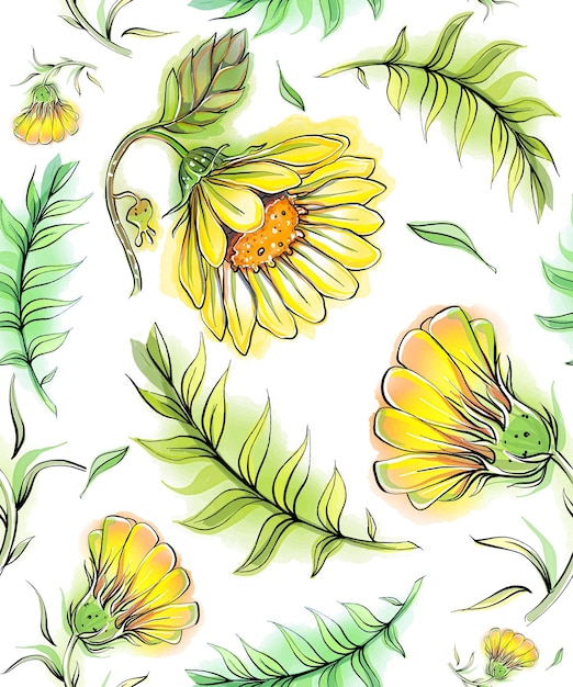 Chrysanthemum, sunflower, belladonna, calendula, zinnia. Postcard, pattern for T-shirt