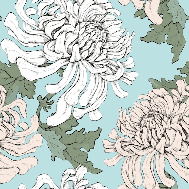 Chrysanthemums on blue gentle seamless pattern For fabric and silk Japanese chrysanthemum endless botanical ornament