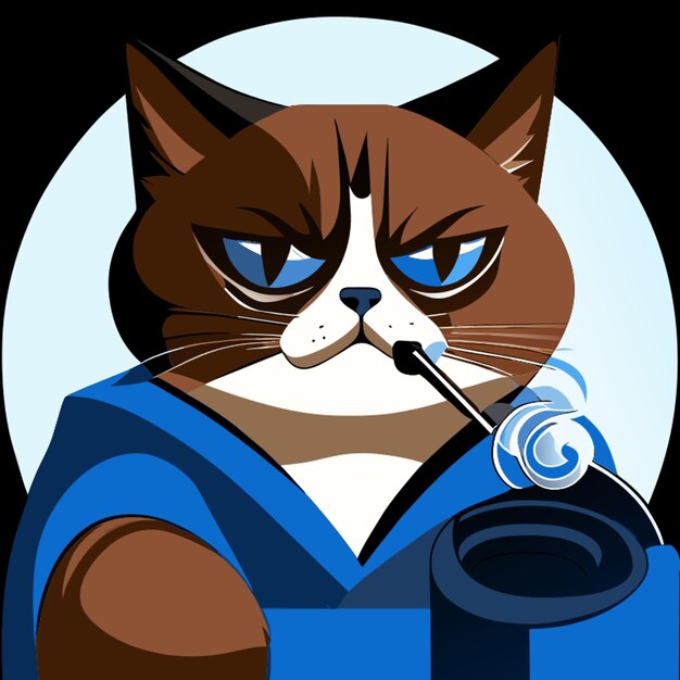 Vector a chubby blueeyed cat with round brown fur smokes a cigarette vector illustration